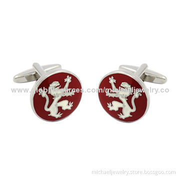 Brass Cufflinks with Red and White Epoxy and Plated White Steel, Nickel-free